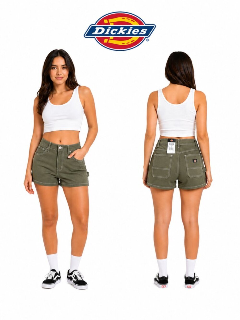 Dickies Womens High Waisted Carpenter Shorts Olive Green Contrast Stitch Size 28